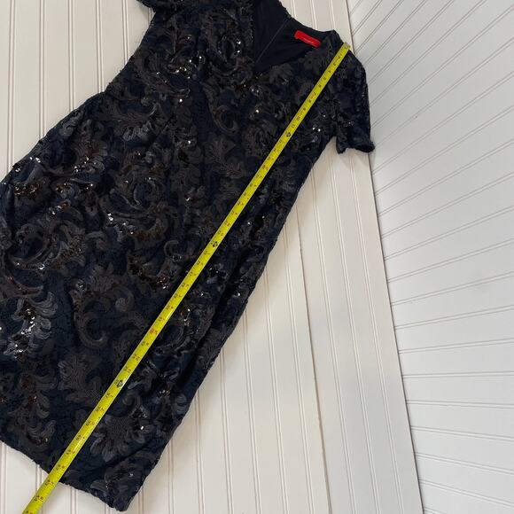 Carmen Marc Valvo Black Embroidered V-Neck Sequin Short Sleeve Midi Dress Sz 12 - Picture 5 of 8